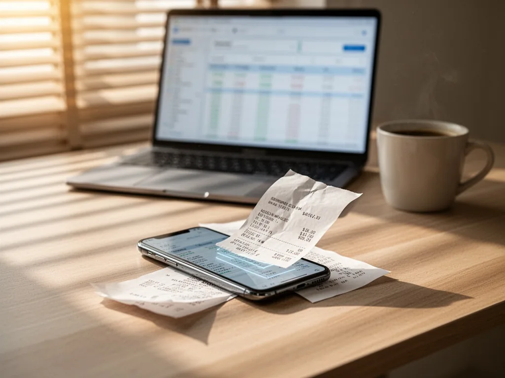 A smartphone scanning a crumpled paper receipt on a minimalist wooden desk, blurred laptop displaying an accounting dash