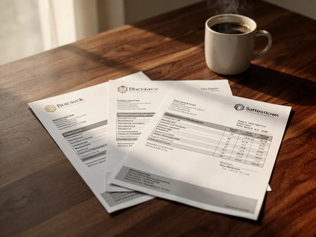 Three overlapping pay slips on a dark walnut table, each with distinct company headers, a coffee mug in soft background,