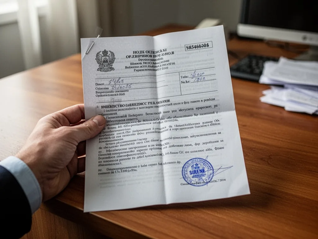 A hand holding a folded official document stamped with Sirene number, resting on a wooden desk, soft natural light