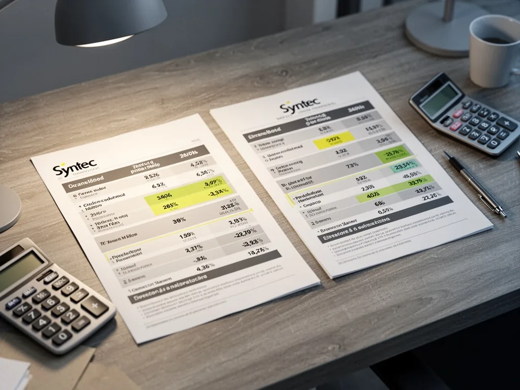 Two salary comparison charts side by side on a wooden desk, one labeled 'Syntec' with highlighted figures, soft overhead