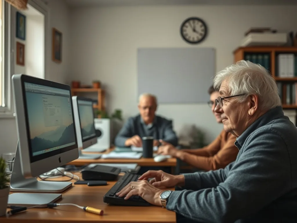 Un senior et un formateur côte à côte devant un ordinateur portable, dans un salon lumineux, en train de travailler sur la