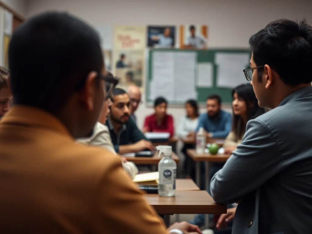 Deux personnes en train de communiquer en langue des signes dans une salle de formation, l'une expliquant un signe à l'autre