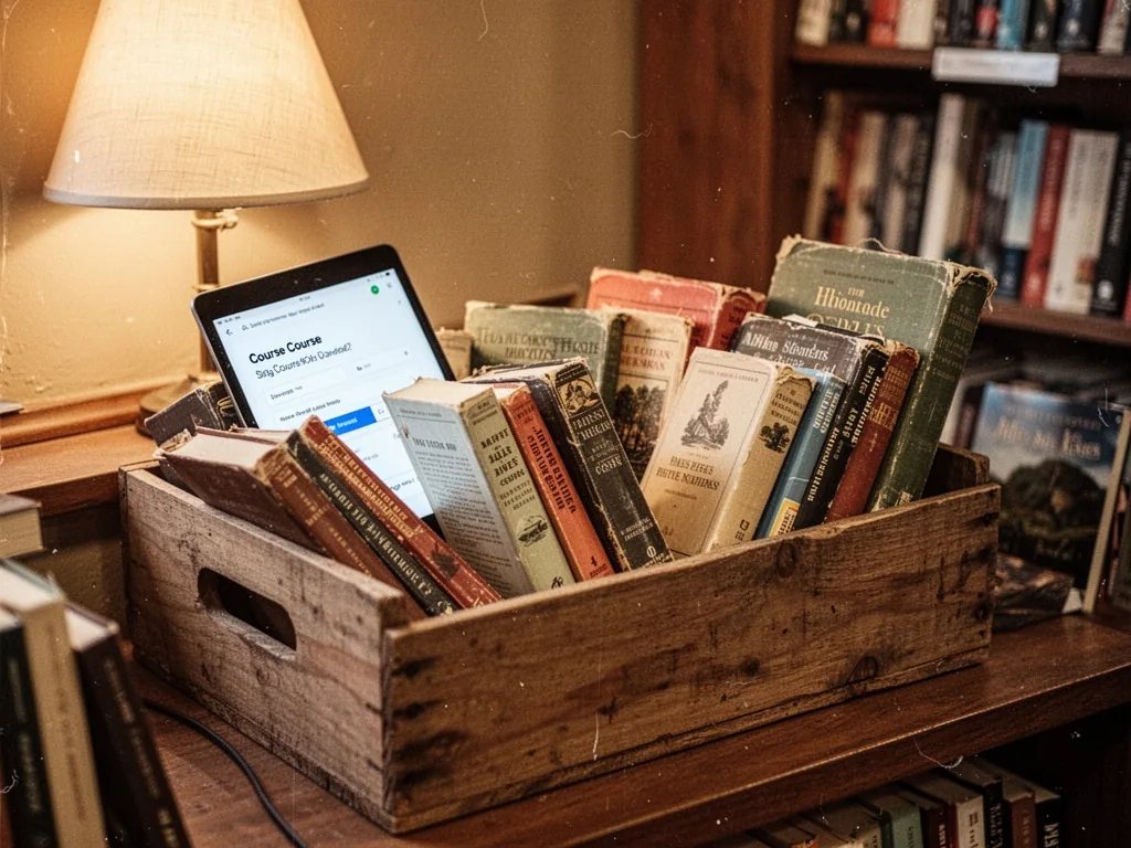 A wooden crate filled with vintage paperbacks in a cozy bookstore corner, a tablet leaning against them showing a course