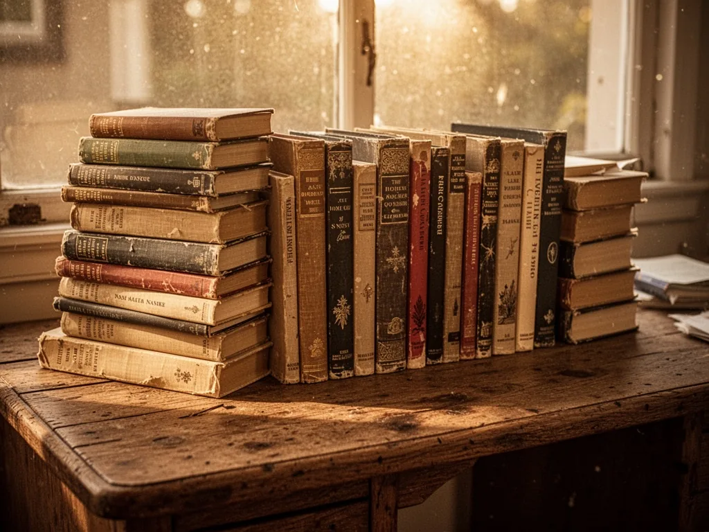 A stack of twenty-five classic hardcover novels on a weathered oak desk, spines facing upward, golden afternoon sunlight