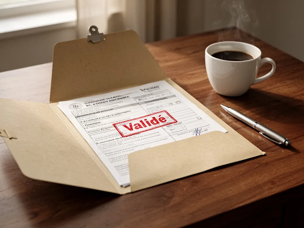 A red 'validé' stamp on a French tax form inside an opened manila folder, on a polished wooden desk beside a white coffe