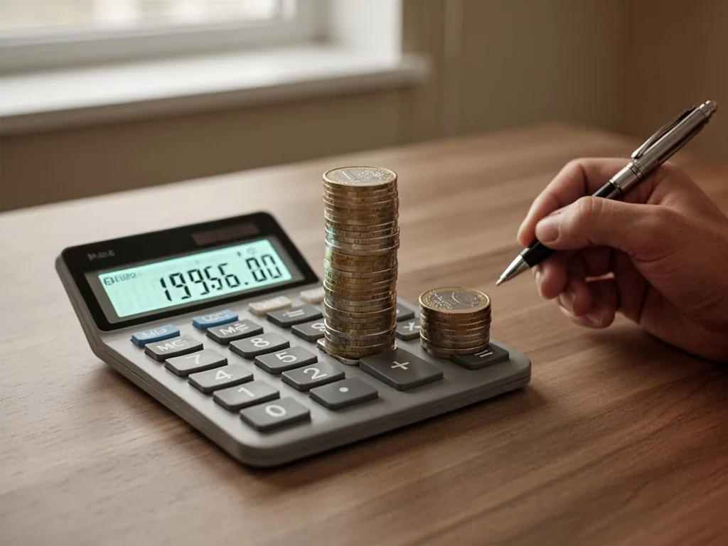 A calculator with a glowing LCD screen showing numbers, two stacks of Euro coins, one tall, one short, on a wooden table