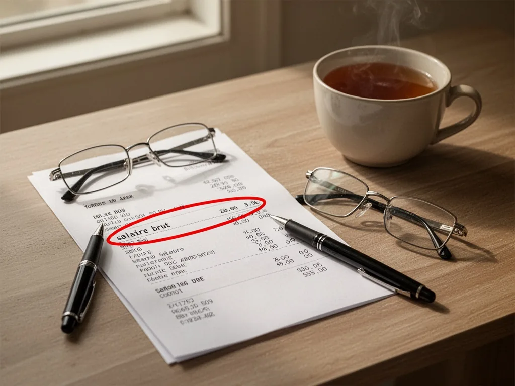 A printed payslip with a circled 'salaire brut' line and numerical figures, a black pen and reading glasses beside it, a