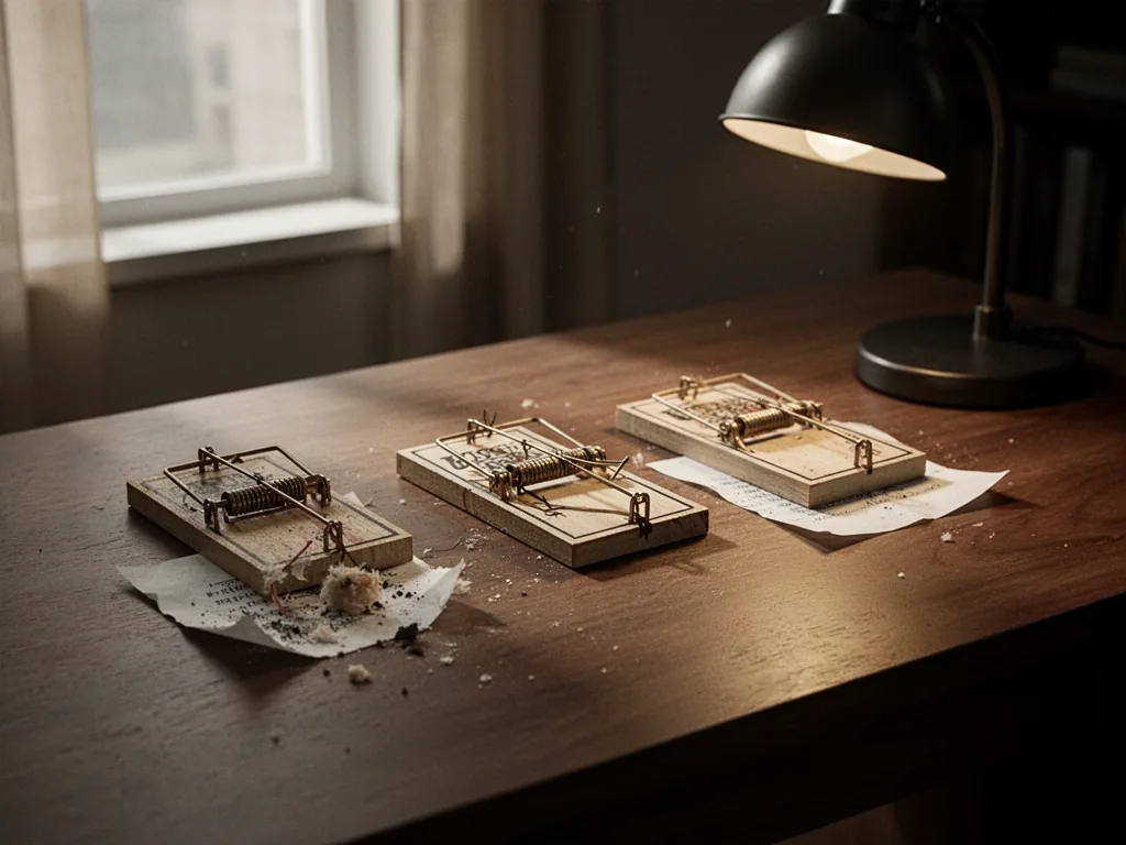 Three mousetraps on a wooden table, each set with a small piece of paper underneath, one torn, one crushed, one missing,
