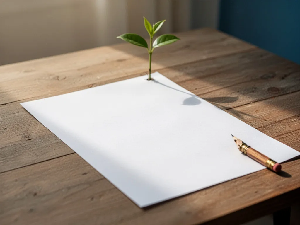 A blank white resume paper on a wooden desk with a single green sprout emerging from the top corner, soft morning sunlig