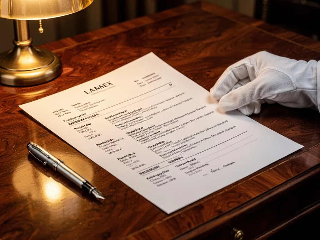 A printed CV template on a polished mahogany desk, a silver fountain pen beside it, a white-gloved hand gently adjusting