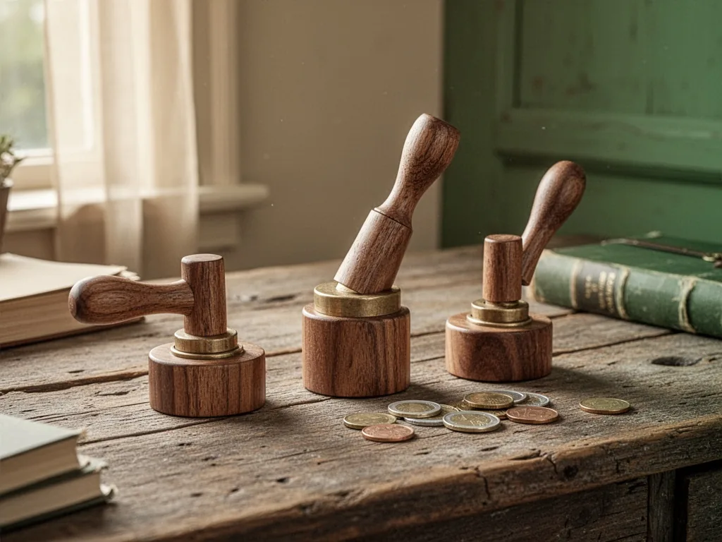 Three wooden lever handles arranged on a rustic desk, one tilted upward with a few euro coins scattered nearby, soft day