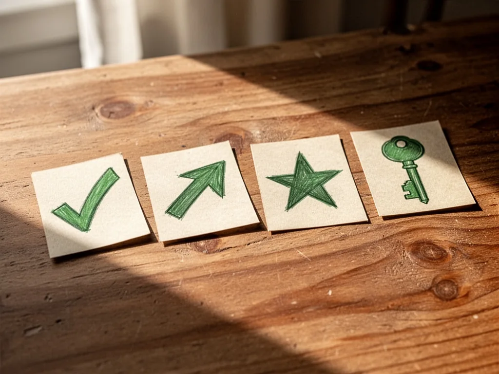 Four square index cards with hand-drawn symbols, checkmark, arrow, star, key, laid sequentially on a warm wooden table, 