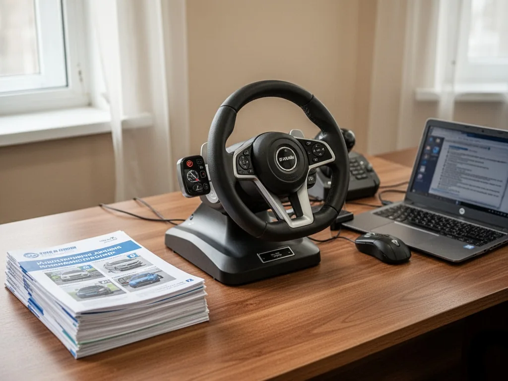 A driving school steering wheel simulator on a wooden desk, beside a pile of training manuals and a laptop, soft window 