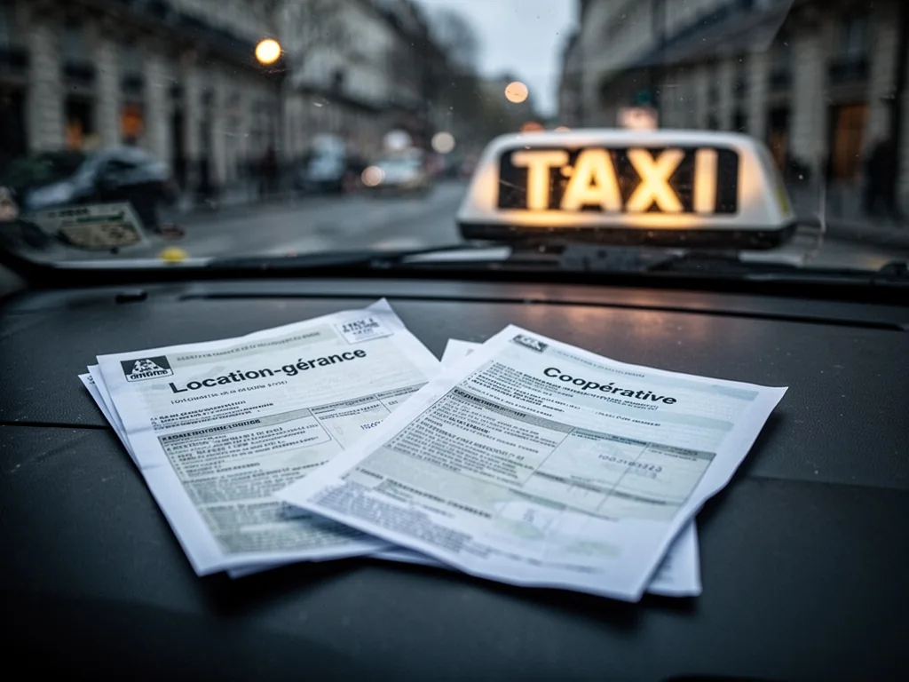 A Paris taxi dashboard with two printed documents labeled "Location-gérance" and "Coopérative", a taxi license plate blu