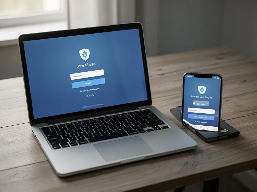 A laptop open to a secure login screen, next to a smartphone displaying the same interface, on a wooden desk, morning li