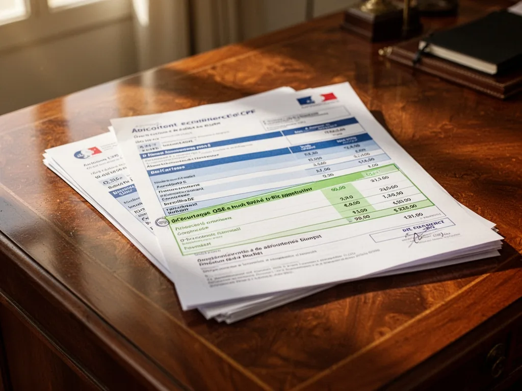 A French CPF account statement with QSE training budget highlighted, resting on a polished mahogany desk, soft afternoon