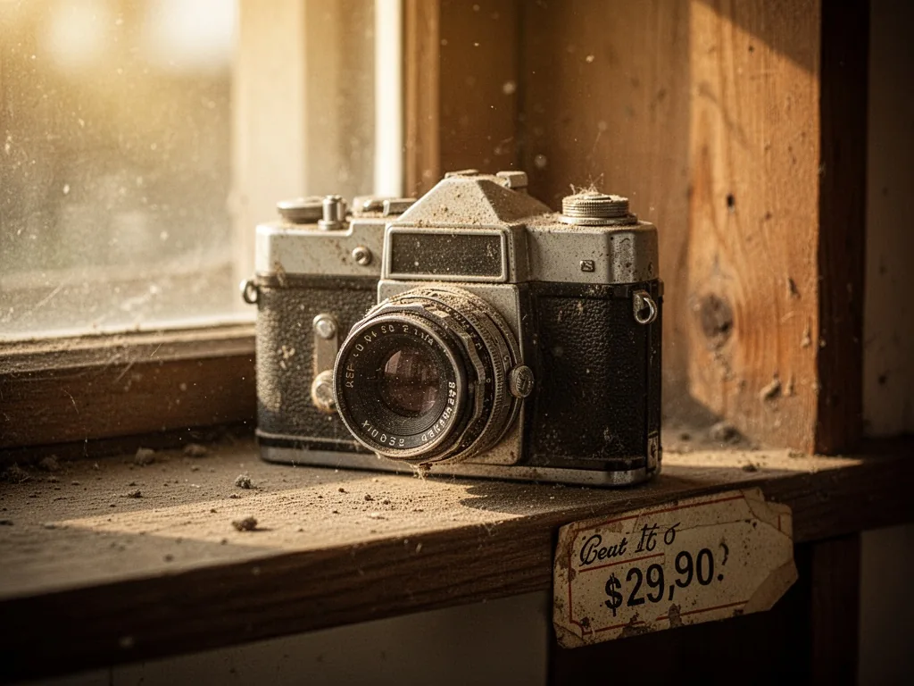A dusty vintage camera on a wooden shelf next to a faded price sticker, warm afternoon light filtering through a window