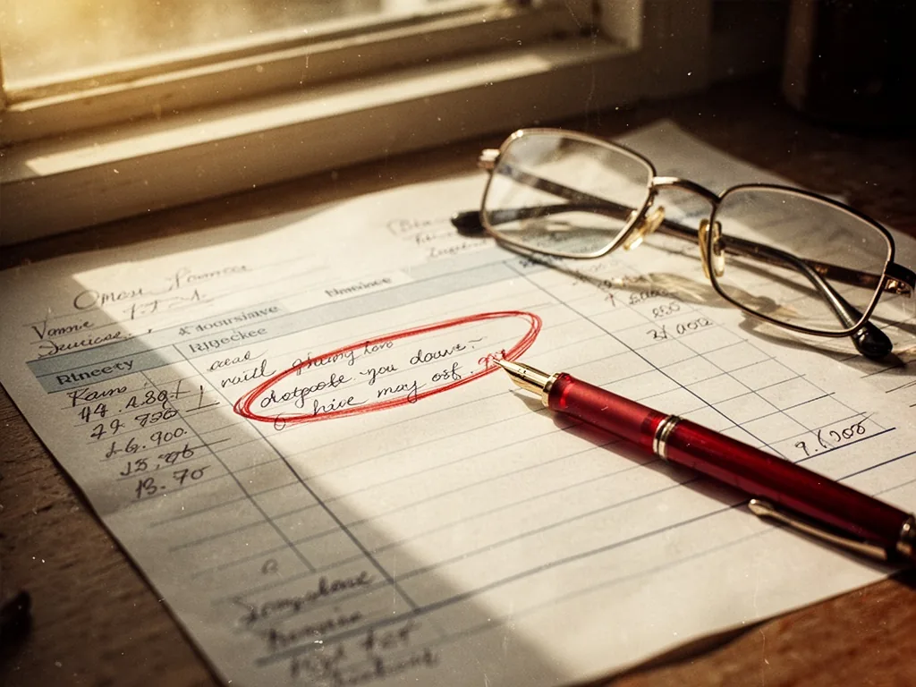 A close-up of a handwritten invoice with a red pen circling a small text line, a pair of reading glasses beside it, cool