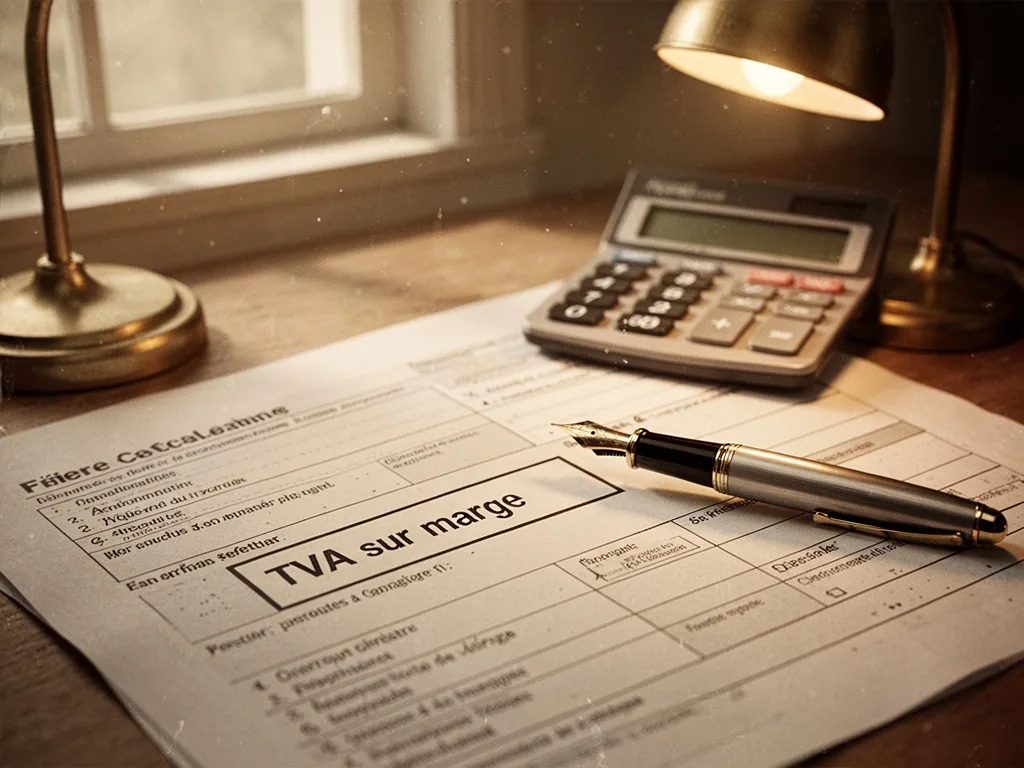 A tax form with a fountain pen poised above a box labeled "TVA sur marge", a small calculator in the background, soft de