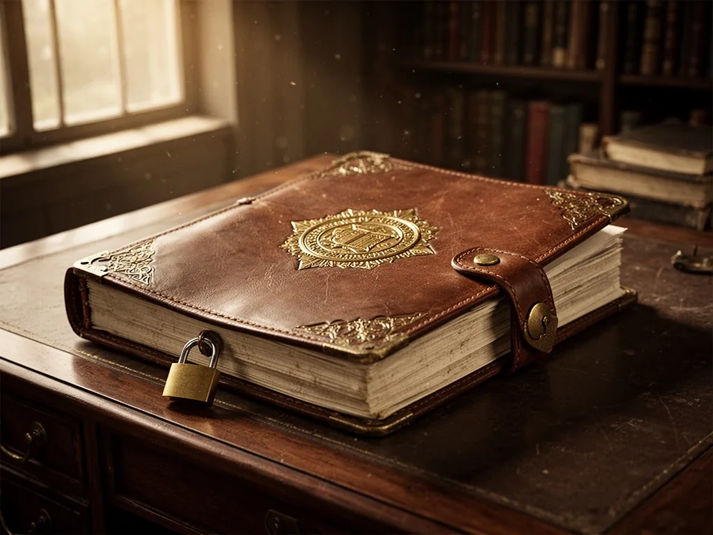 A leather-bound legal document with a gold embossed seal and a small padlock, resting on a mahogany desk, dim library li